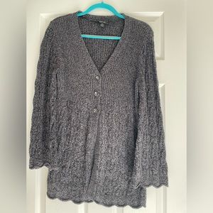 petite v-neck, 3-button, black meryl sweater with scalloped bell sleeves